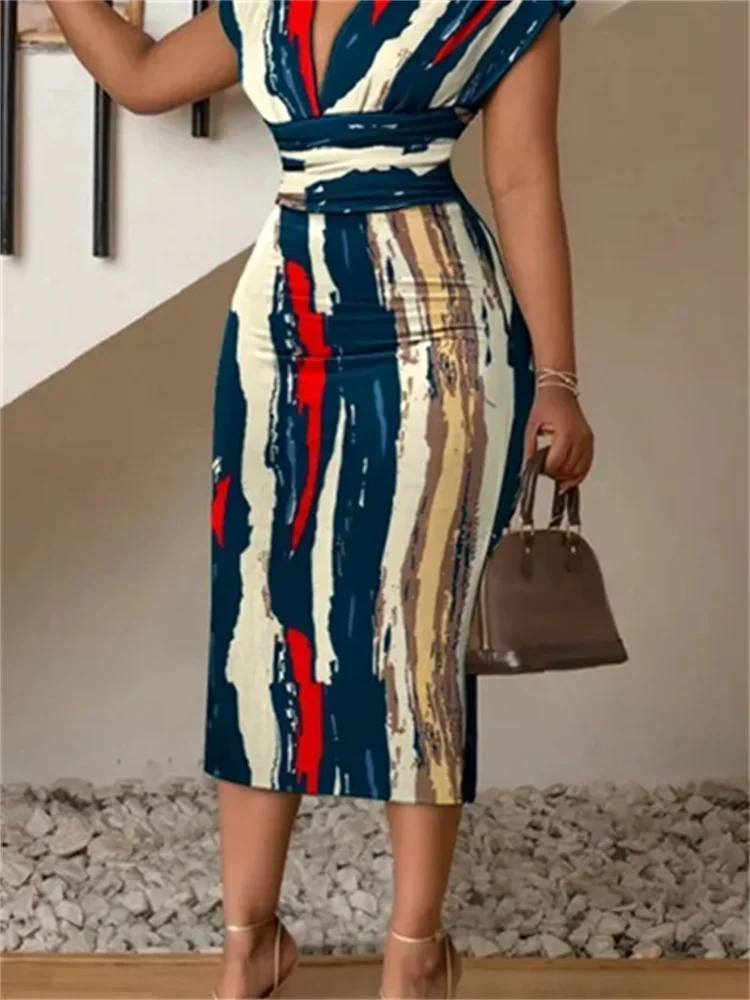 Wmstar Women's Printed Dress Summer Short Sleeve V-Neck High Waist Sexy Elegant Fashion  Female Evening Party Slim Long Dresses