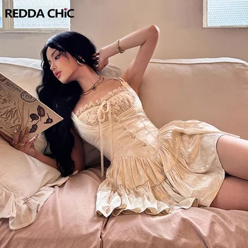 REDDACHIC 중세 빈티지 새틴 미니 드레스, 스티치 레이스 트림, 레이어드 러플 파티 이브닝 가운, 캐미솔 드레스, 욕망 원피스