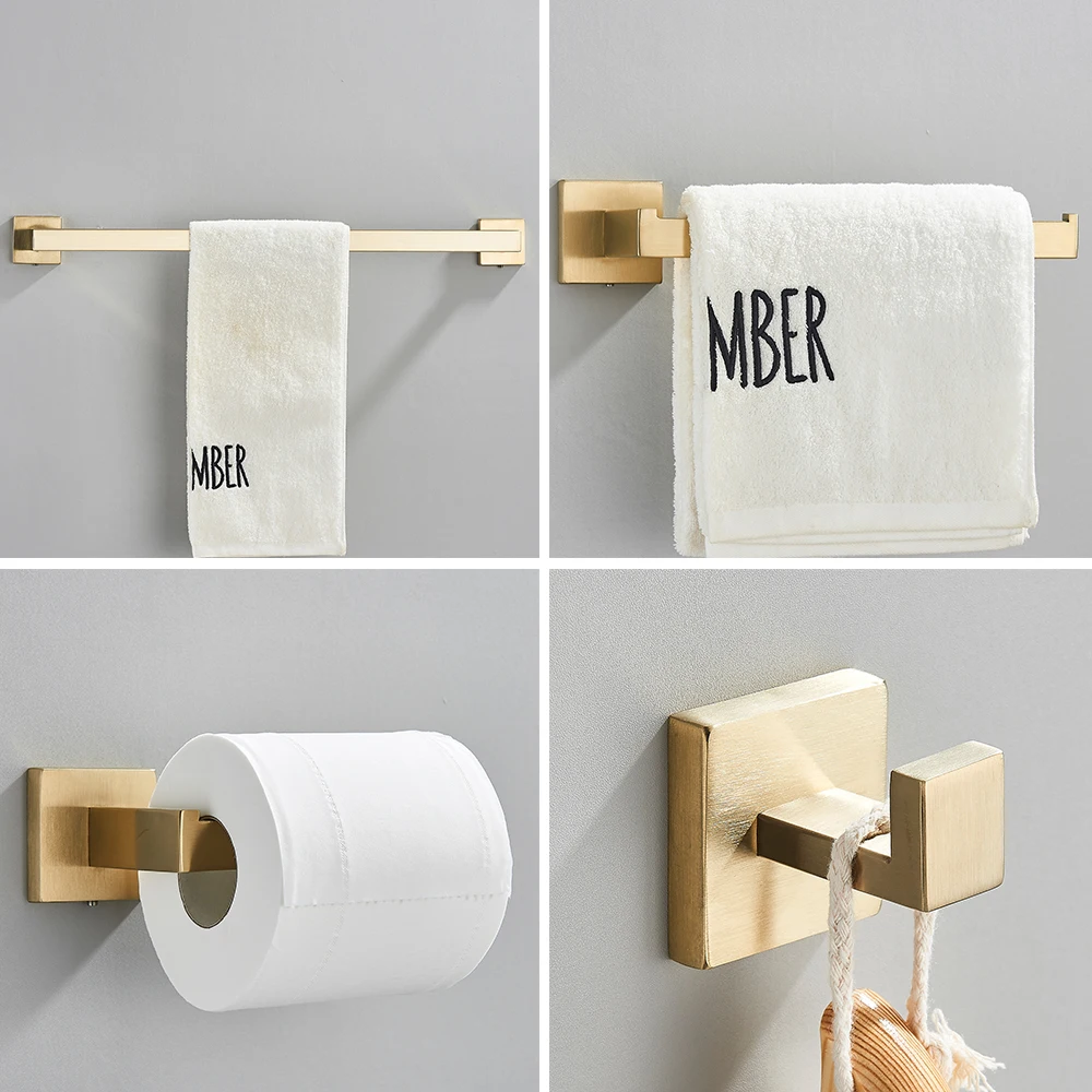 Bathroom Accessories Set Brushed Gold Toilet Wall Towel Bar Rail,Paper Holder and Hook Stainless Steel Bath Rack Hanger Hardware
