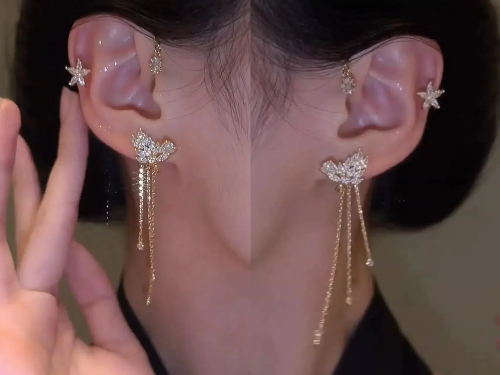 S6fb11661ec114e0d8d582a57b40f7d72z Shiny Zircon Butterfly Ear Cuff Gold Color Tassel Clip on Earrings for Women Korea Style Copper Earring Without Piercing Jewelry Mallzona