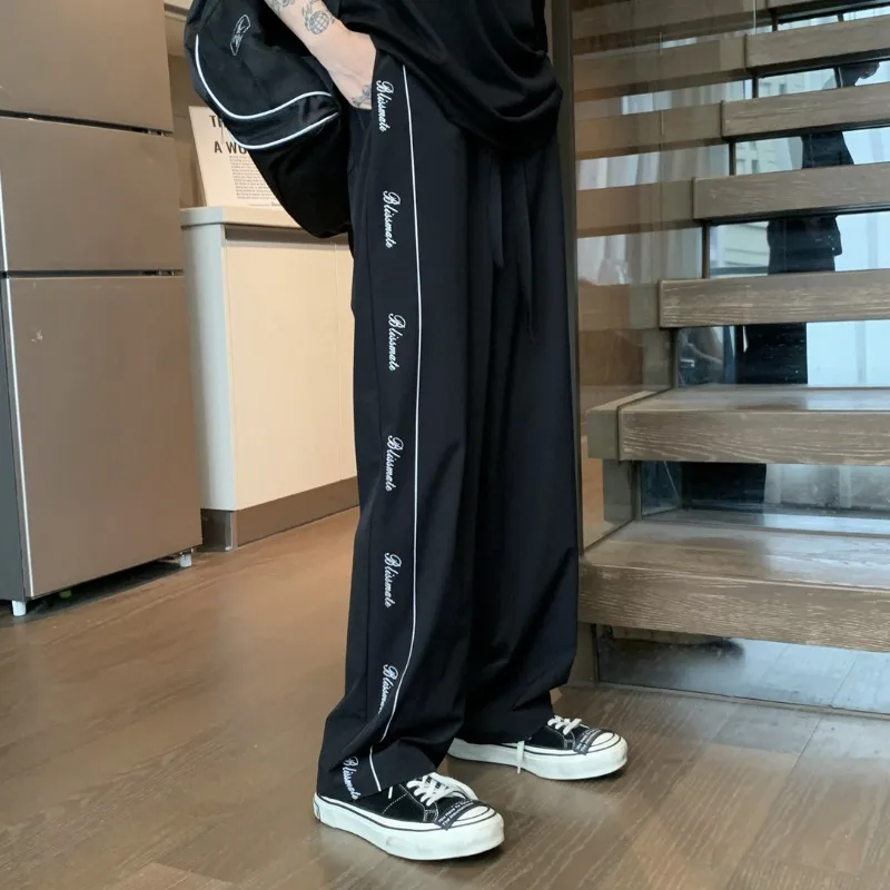 Youthful Vitality High Street Summer Ice Silk Casual Pants Men Elastic Waist Drawstring Letter Simplicit Loose Straight Trousers