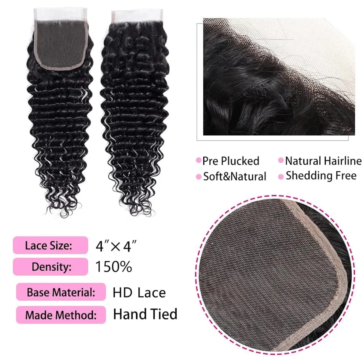 Human Hair 4x4 Deep Wave Closure Pre Plucked with Baby Hair Free Part 4x4 Lace Closure Unprocessed Brazilian Virgin Human
