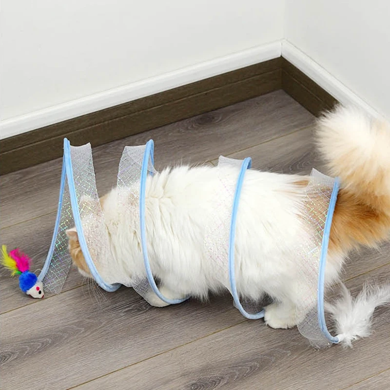 New Foldable Cat Tunnel Cat Tunnel Pet Toy， Feather Mouse Bell Self High Amusement Amusement Elastic Mesh Teasing Stick