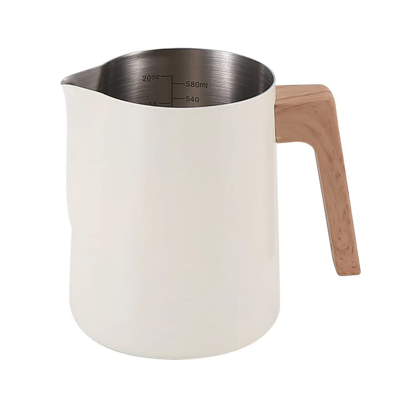 Coffee Milk Frothing Pitcher Jug 304 Stainless Steel Precision Scale Anti-scald Wood Grain Handle Professional Coffee Utensils