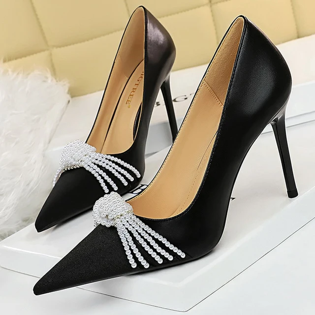 Zapatos de tacón alto con lazo para mujer, tacones de aguja con perlas, lujosos, a la moda, para fiesta, talla grande 43 - Image 3