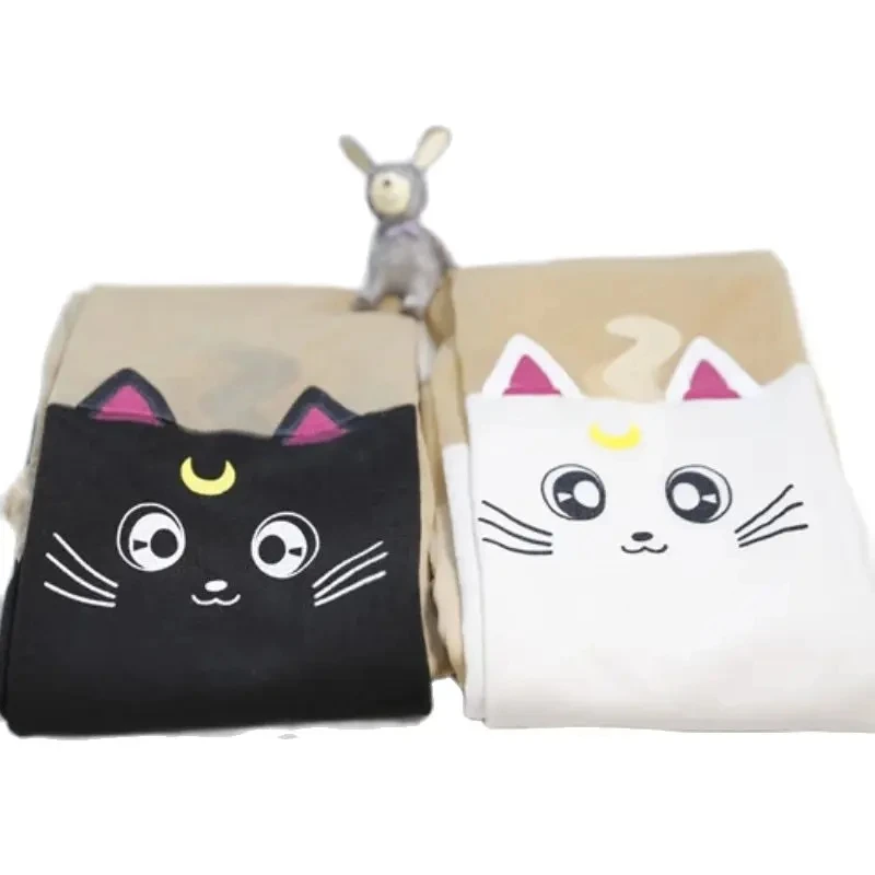 Cartoon Anime Knee Socks Moon Printed Thigh Stockings Luna Cat Black And White Cute Lolly Slimming Sock High Tube Panties