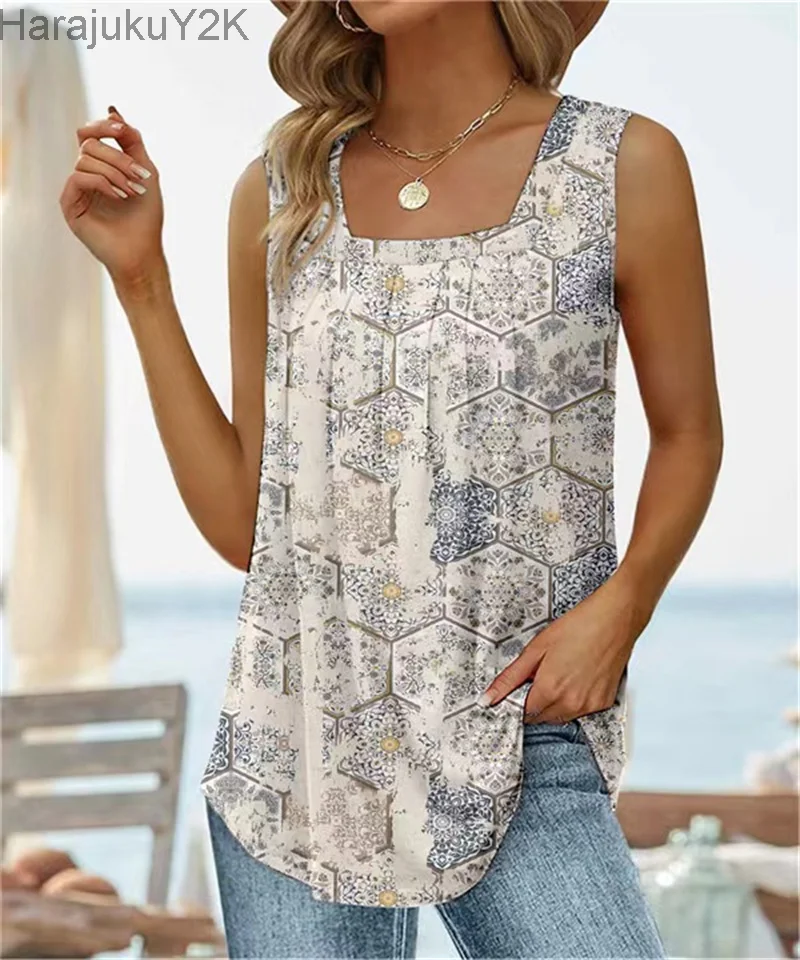 

Elegant Print Sleeveless Square Neck T-Shirt 2023 Women's Summer Daily Commuter Casual Basic Tops Female Loose Tees Pleated Vest