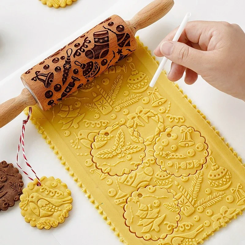 Description Picture 2 of item1 pcs Wooden Embossed Rolling Pin with Pattern for Kitchen Pastry, Baking Tools, Deep Engraving Cookies Stamp Tool