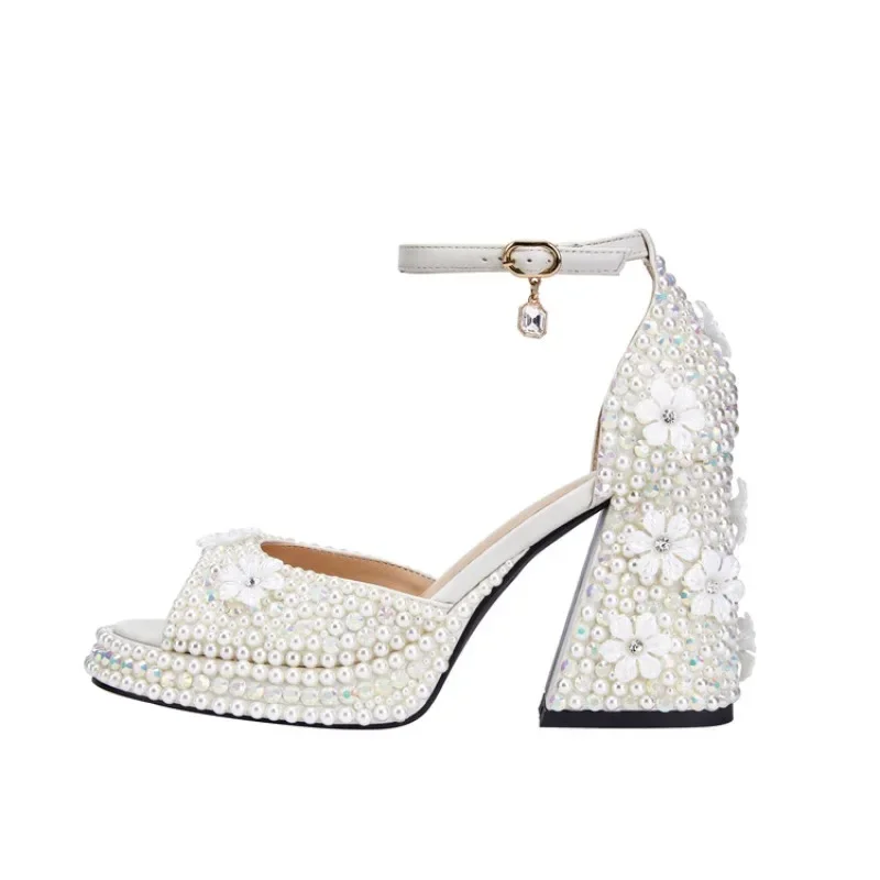 

Fully Handmade Pearl Thick Heeled Fish Mouth Sandals Wedding Bride Banquet Fashion Waterproof Platform High Heel Women's Shoes