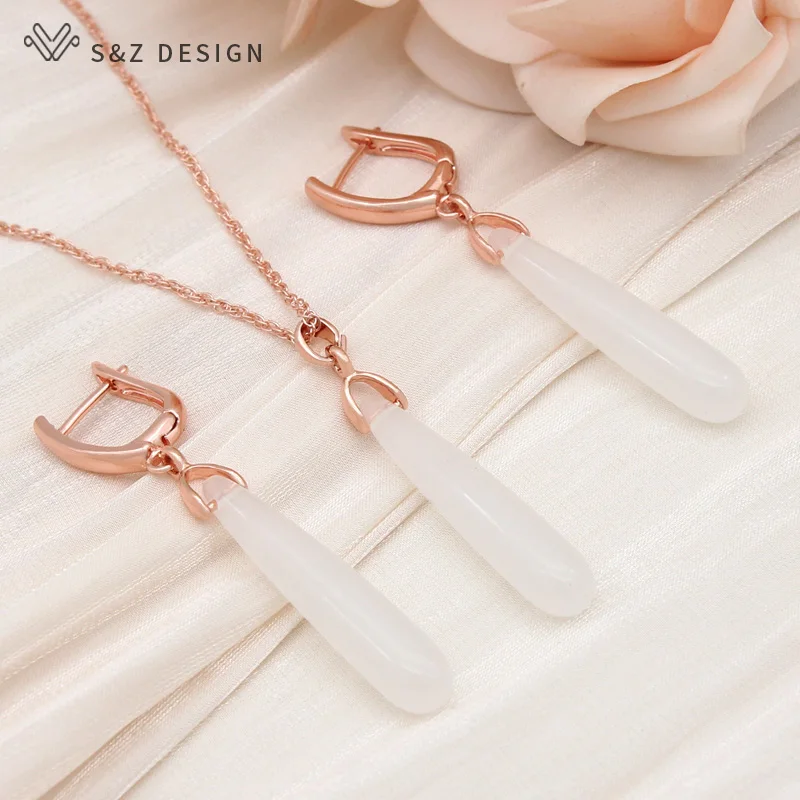 S&Z DESIGN New Fashion Long Water Drop Dangle Earrings Jewelry Sets For Women Wedding 585 Rose Gold Color Pendant Necklace