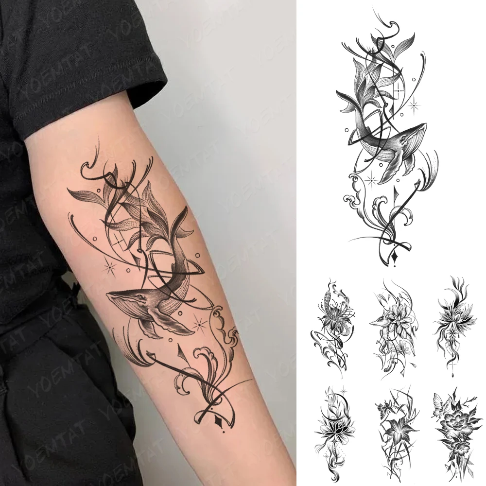 

Waterproof Temporary Tattoo Sticker Harajuku Cartoon Whale Fox Spray Flash Tatoo Black Flower Fake Tattoos Women Men Body Art