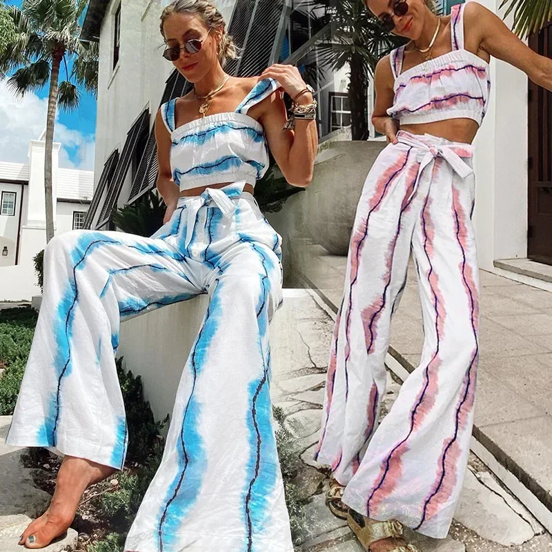 Crop Top Wide Leg Trousers Two Piece Set Sexy Women Suit 2024 Summer New Fashion Striped Cotton Linen Elegant Lady 2 Piece Pants