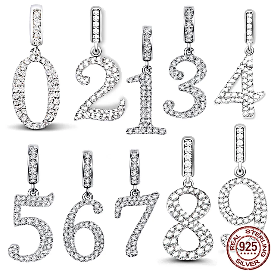 

925 Sterling Silver Fine Fit Original Pandora Bracelet Sparkling 0—9 Arabic Numerals Dangle Charm Beads DIY Women Jewelry Gift