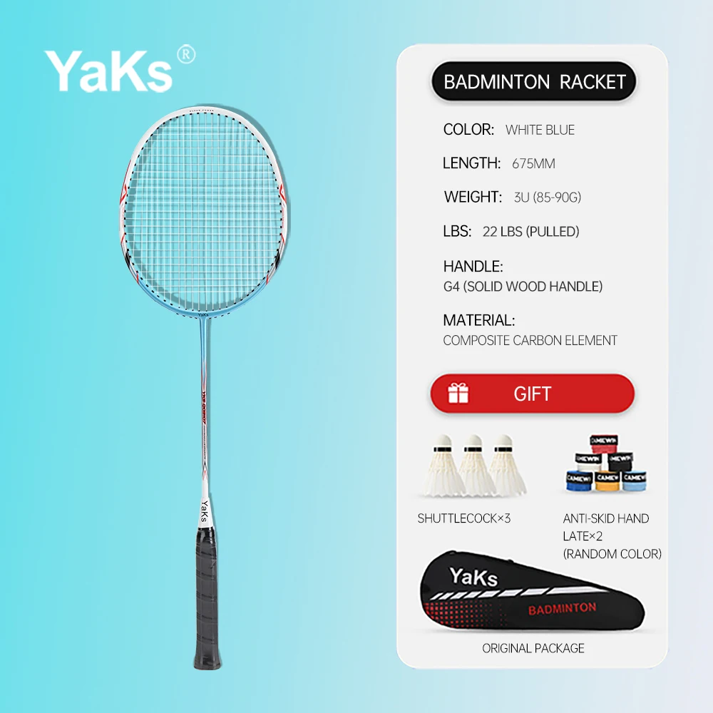 

YaKs Official Brand 2023 New Badminton Racket 3U White&Blue Composite Carbon Badminton Racket 22 pound G4 solid wood handle