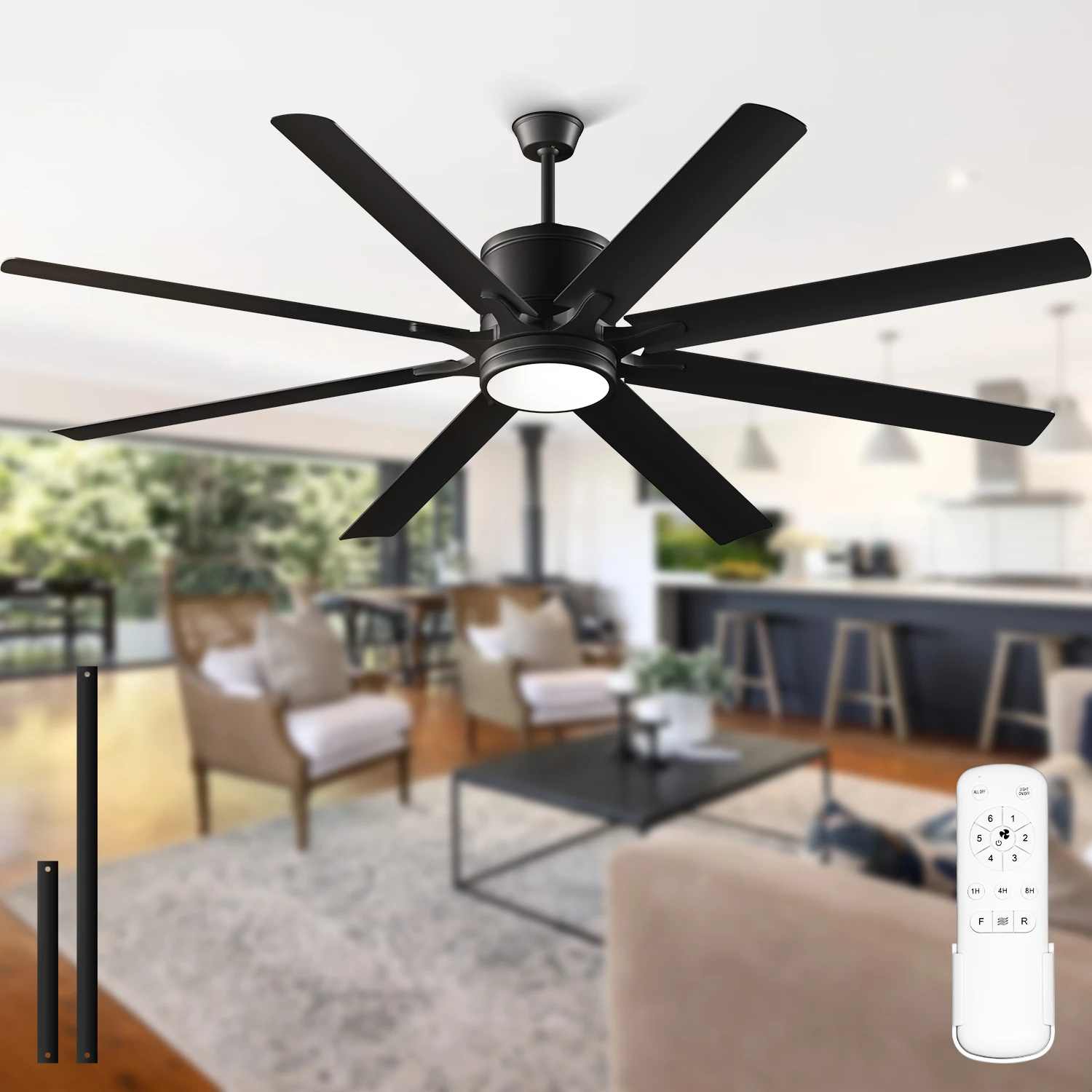 Kristoff 66" Large Ceiling Fan with Light & Remote Control, ETL Listed, 8 Blade Low Profile Ceiling Fan Light Fixture