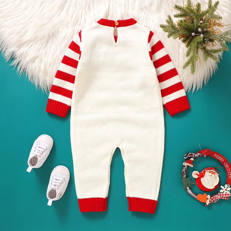 Baby Girls Boys Christmas Knit Romper Elk Pattern Stripe Long Sleeves Round Neck Full Length Jumpsuit baby sweater romper 0-18M