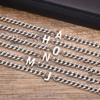 Vnox A-Z Initial Cuban Chain Bracelets for Men Women, Silver Color Stainless Steel Curb Links, Letters Name Charm Bracelet Gift