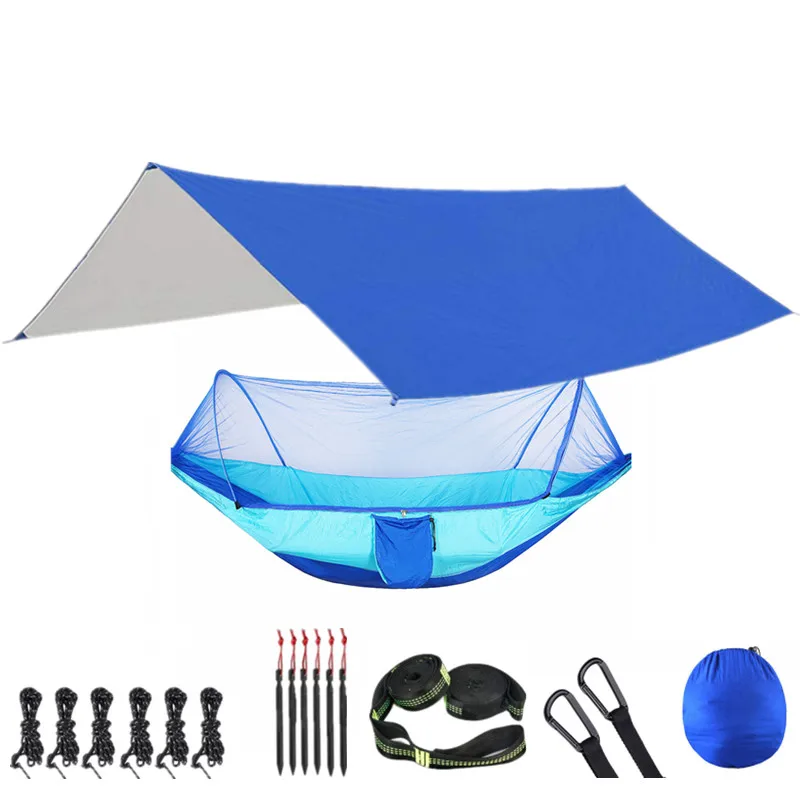 Portable Parachute Outdoor Camping Hammock with Mosquito Net and 118x118in Rain Fly Tarp,10-ring Tree Strap Hammocks Swing 