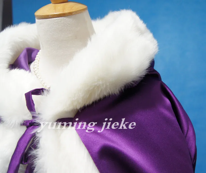 Purple Bridal Cloak Hooded Faux Fur Trim Satin Wedding Cape Shawl