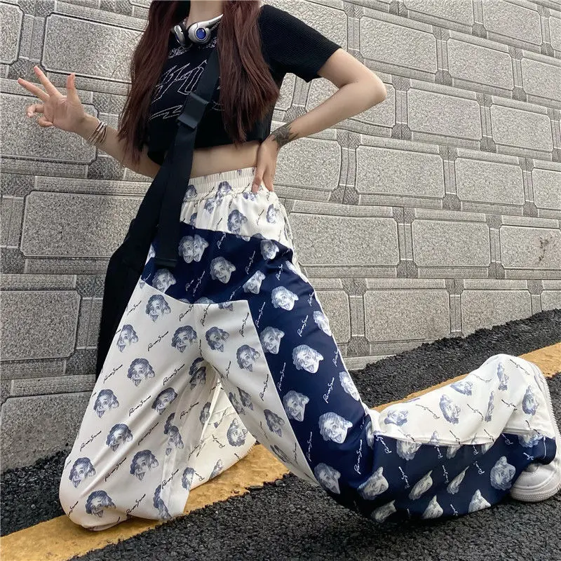 Summer Sports Chic Y2k Young Style Streetwear Women Korean Fashion Printed Contrasting Color All Match Long Wide Leg Trousers
