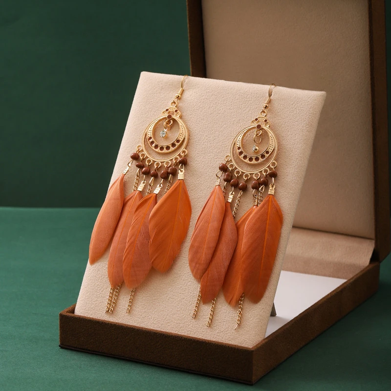 Fashion Bohemian Long Feather Drop Dangle Earrings For Women