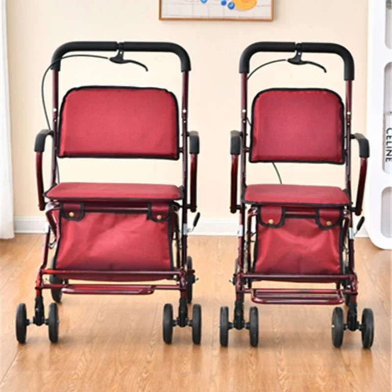 Lightweight Elderly Stroller – Foldable Shopping Cart Four-Wheeled Grocery Cart Can Sit and Push, Handy Mobile Chair for Seniors 4