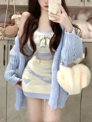 2024 Sweet 3 Piece Set Women Evening Party Y2k Cardigan + Office Lady Casual Mini Skirt + Slim Vest Korean Fashion Chic