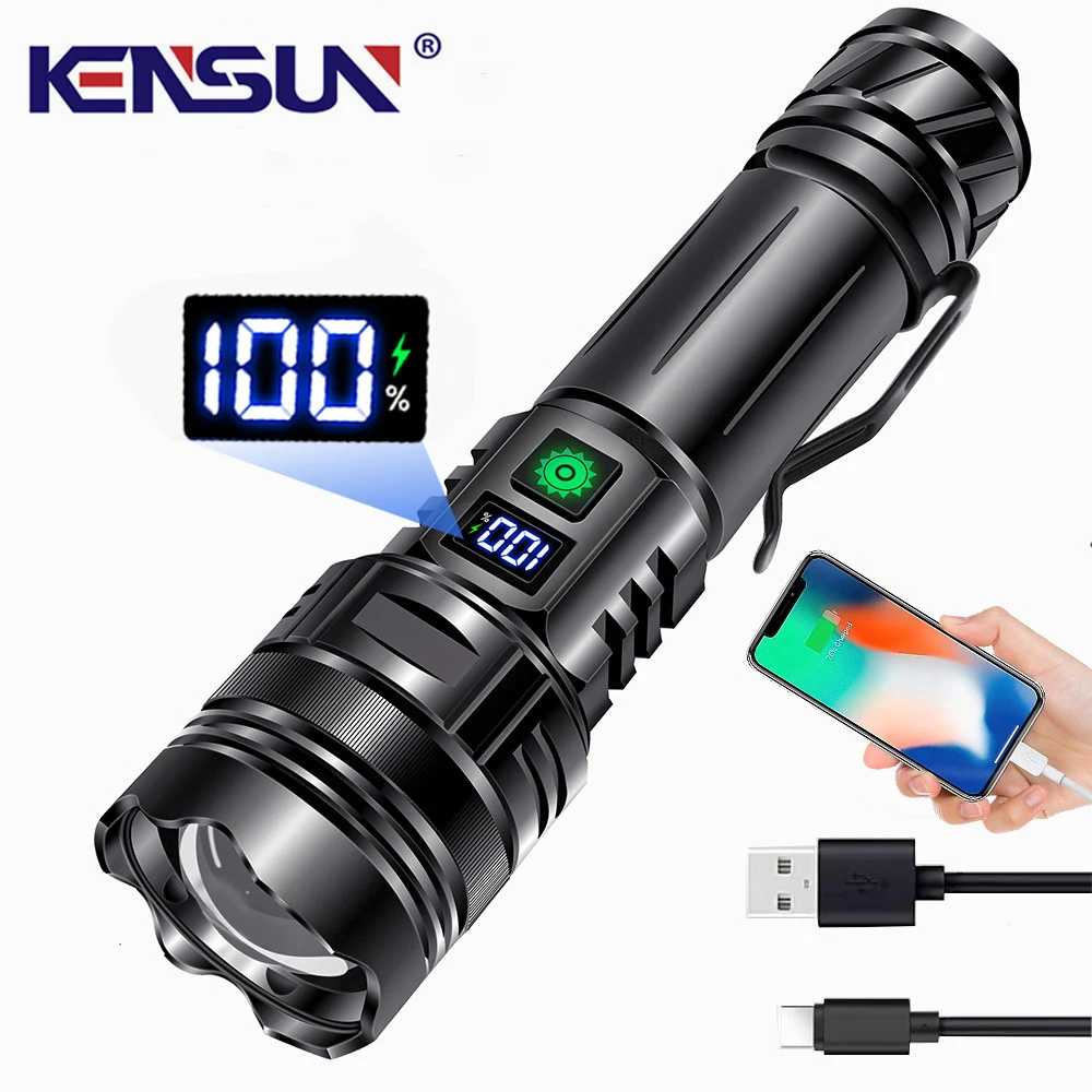 USB 충전식 휴대용 LED 손전등, 매우 밝은 램프, 다기능 배터리 디스플레이 랜턴, 펜꽂이 토치