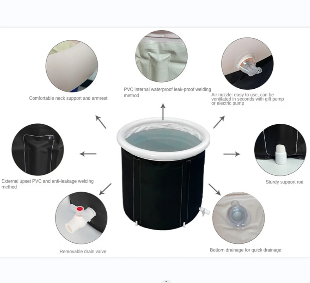PVC Inflatable Bath Bucket for Adult, Double Layer Lid, Ice Bath, Household Folding Bucket SPA Ice Bath, Black, DIY, 75 cm, 90cm