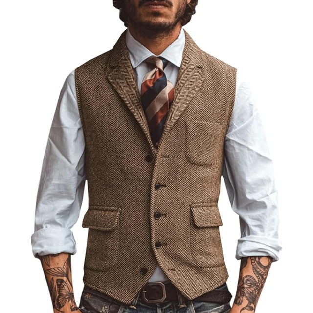 Hommes Gilet marron chevrons affaires Gilet veste décontracté mince pour mariage marié Banquet Gilet Gilet 1