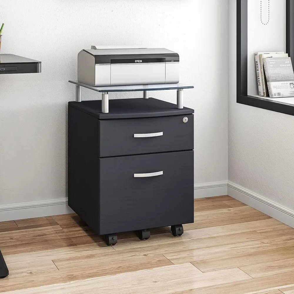 

Rolling File Cabinet With Glass Top Storage Furniture Graphite Chest of Drawers Office Removable Shelf Filing Cabinets Shelving