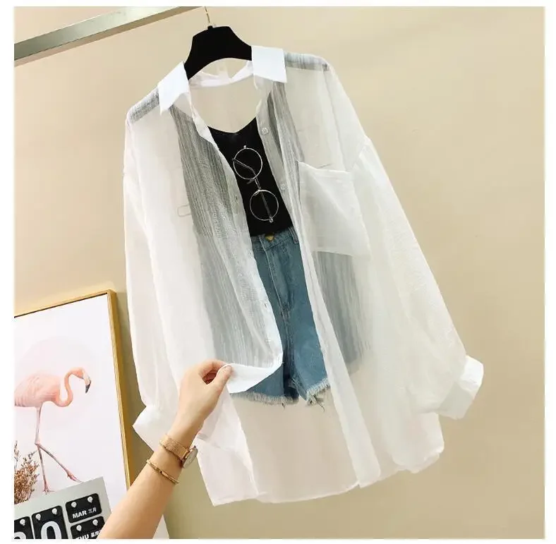 Blusa elegante de gasa transparente de manga larga con protección solar para mujer, estilo coreano, holgada, estilo cárdigan playero de verano.