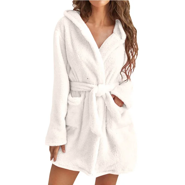 Hiver femmes Robe de bain moelleux en peluche pyjamas dames Sexy à capuche Robe de couleur unie chaud peignoir femme vêtements de détente