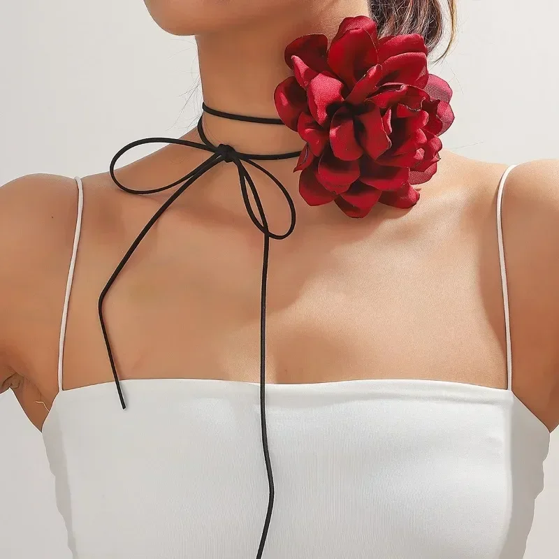 Adjustable Big Rose Flower Choker Necklace For Women Ladies Y2K Romantic Gothic Rope Clavicle Chain Korean Fashion Accessories