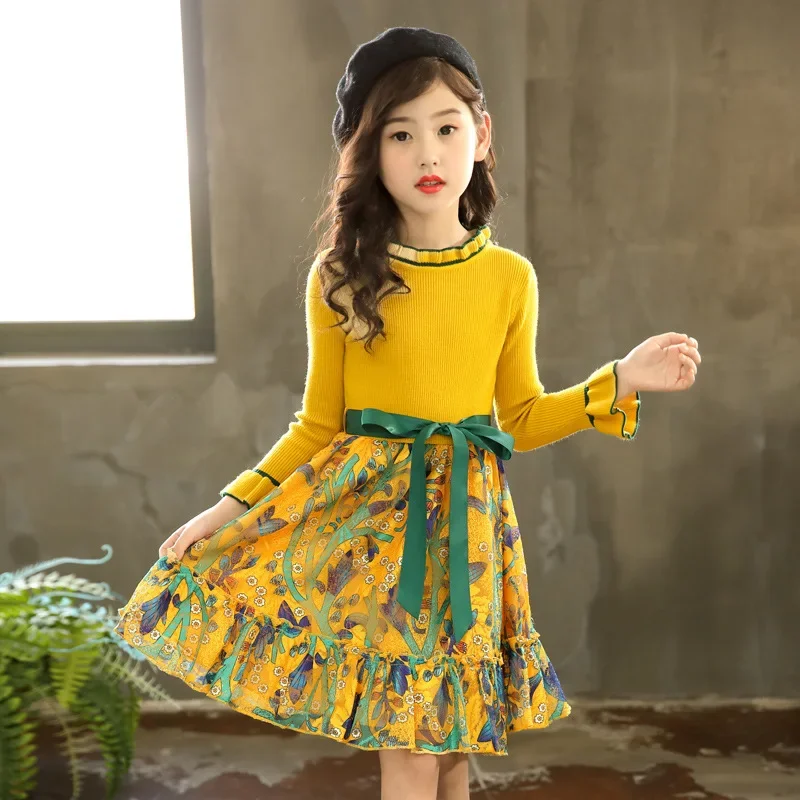 

Fashion Baby Girls Cute Sweater Dress Spring Autumn Girl Party Princess for Kids Sweet Flowers Long Sleeve Dress for 4-13 Years