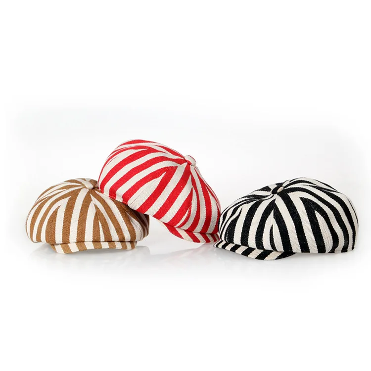 Newsboy Hats for Women Classic 8 Panel Striped Peaked Berets Cap Parent-child Yarn-dyed Denim Thick Striped Cloth Painter Hat