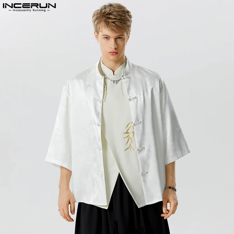 

Chinoiserie Tops 2023 New Men's Knot Button Dragon Printing Middle Blouse Casual Streetwear Hot Selling Male Sleeve Shirts S-5XL