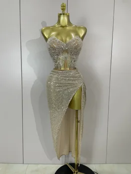 Sparkly Sequin Beading Sexy Strapless Two Pieces Set Women Evening Celebrate Nightclub Party Luxury Birthday Dress Stage Costume 1
