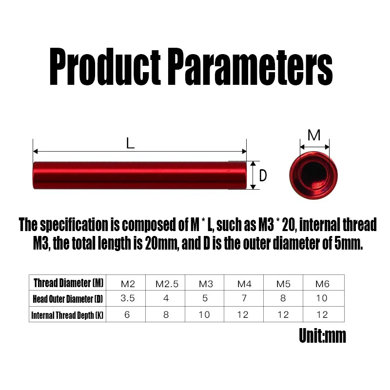 컬러 라운드 알루미늄 스탠드오프 컬럼 스터드 연장 긴 너트, 알루미늄 스페이서 로드, RC 부품용 스탠드오프 스페이서 필러, M2, 10 개