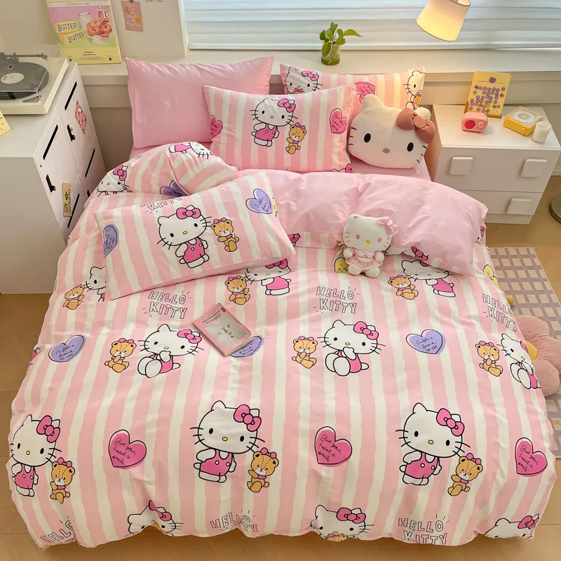 Sanrio Hello Kitty Cotton Printing Bedding Set Duvet Cover Bed Sheet Pillowcase King Queen Full Twin Bedclothes Home Textile 5