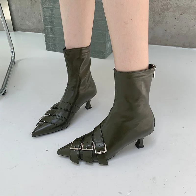 

2022 Summer Thin Thin Martin Boots Women's Belt Buckle Rear Zipper French Nude Boots Stiletto Pointed Toe Mid-Heel Ankle Boots