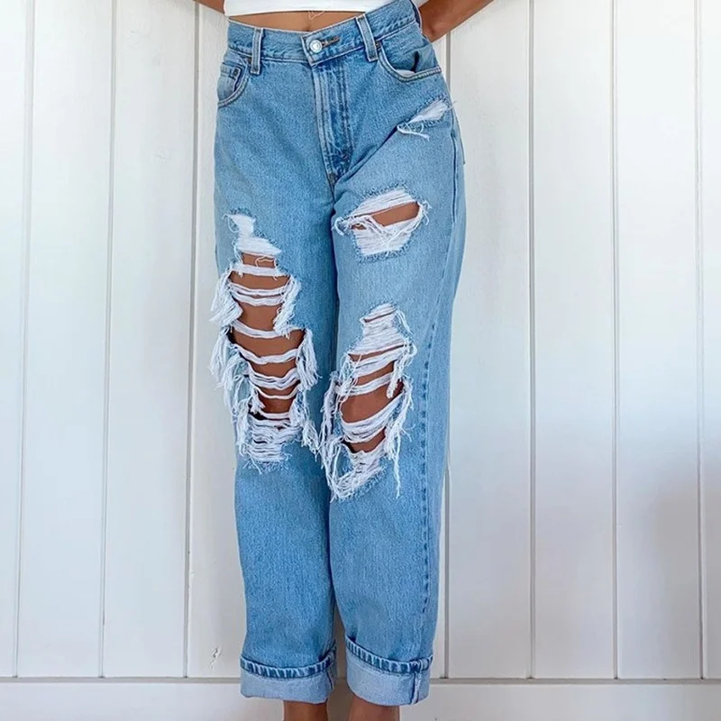 Straight Wide Leg Trousers Y2k Fashion Hollow Hole Cargo Pants Women Mom Jeans Ripped Jeans Women Baggy High Waisted Pants Blue