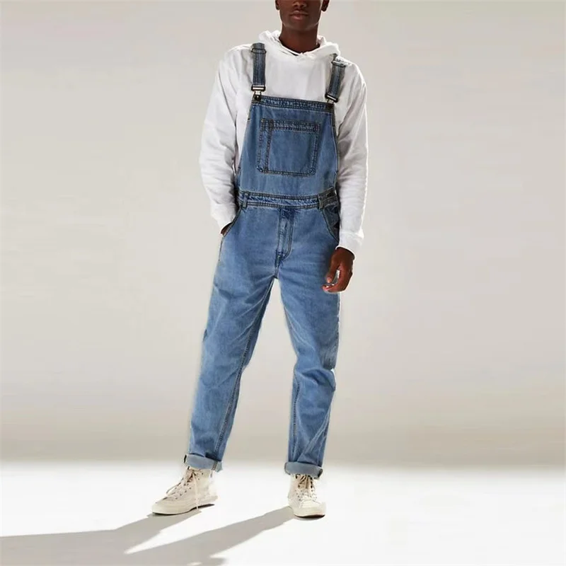 Fashion Street High-waisted Men's Strap Pants 2023 Summer Casual Male Denim Jumpsuit Button Splicing Straight Jeans New Trousers