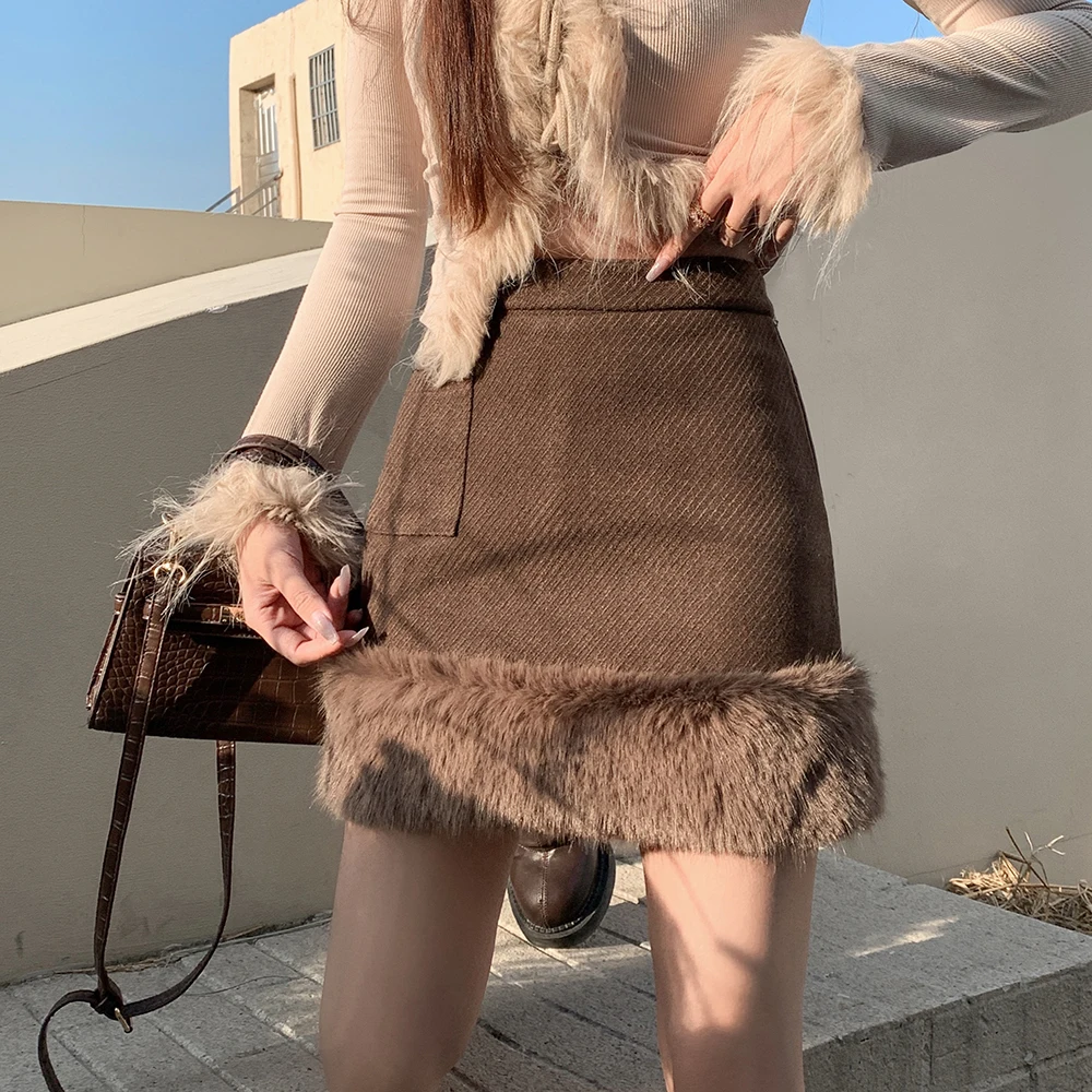 Women's Autumn/Winter Fragrant Wind Woolen Skirt with Mosaic Half Skirt, Coffee High Waist A-line Wrapped Hip Short Skirt mens zaful fluffy polar fleece new york embroidery colorblock half zip sweatshirt s coffee