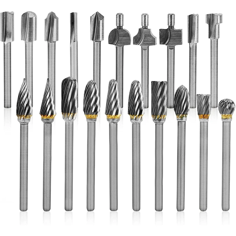 Carbide Burr Set With Rotary Router Bits 20Pcs Die Grinder Bits 1/8Inch Shank Rotary Burr Set For Woodworking,Drilling wood work bench Woodworking Machinery