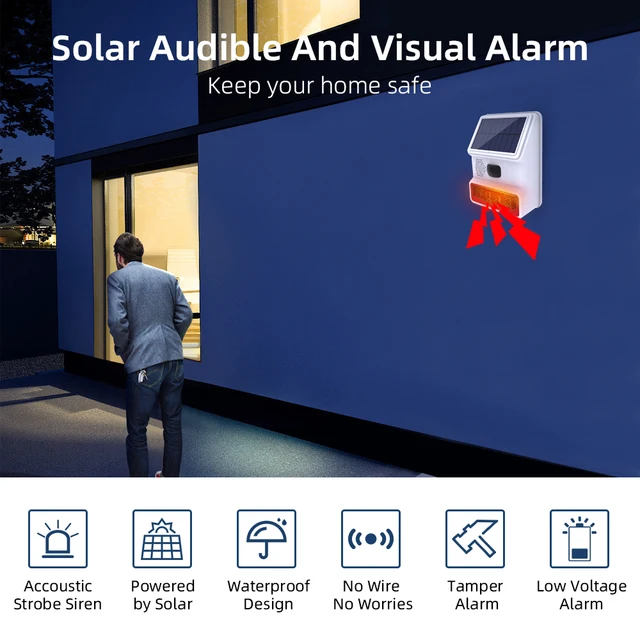 433MHz Solar Outdoor Waterproof Siren with LED Flashing Light Function as Home Garage Shed Alarm System 2