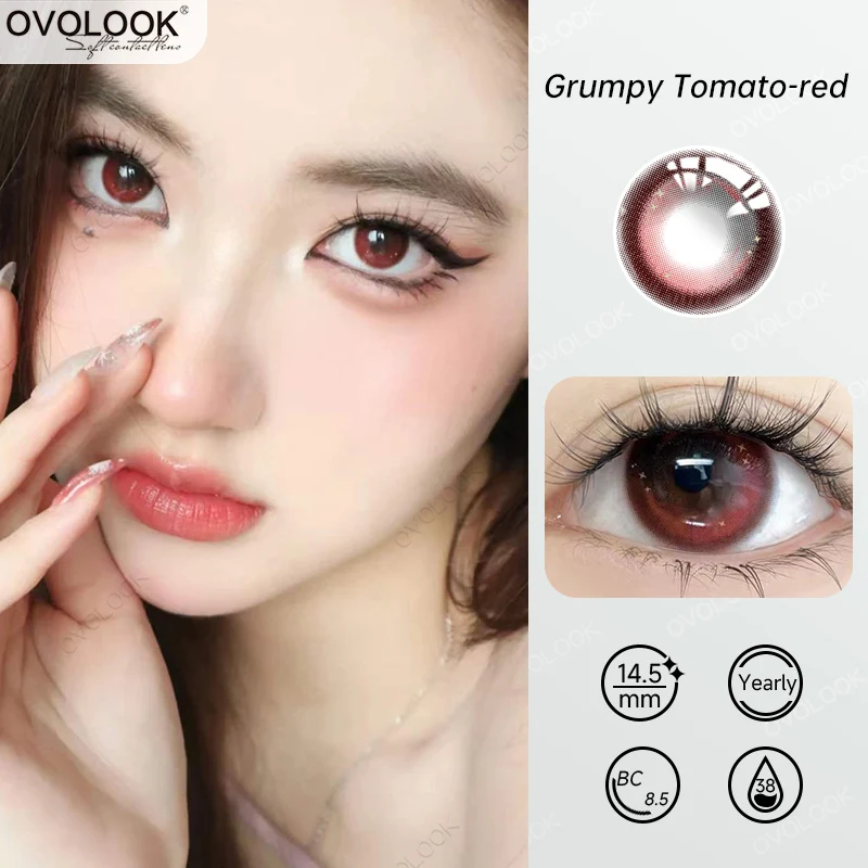 OVOLOOK-1 Pair(2pcs) Lenses Natural Red Contact Lenses for Eyes Prescription Colored Eye Lenses for Myopia Beauty Color Lens