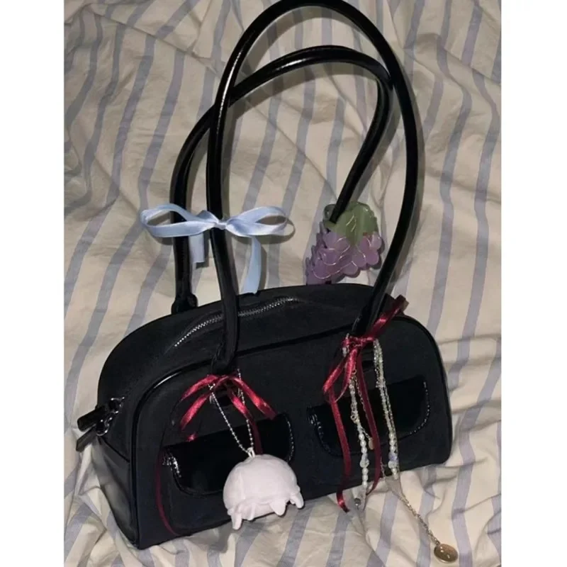 

Korean Yunjin Huh Bowling Bag Jennifer Casual Vintage Handheld Underarm Bag Kpop PU Leather Retro Shoulder Bag