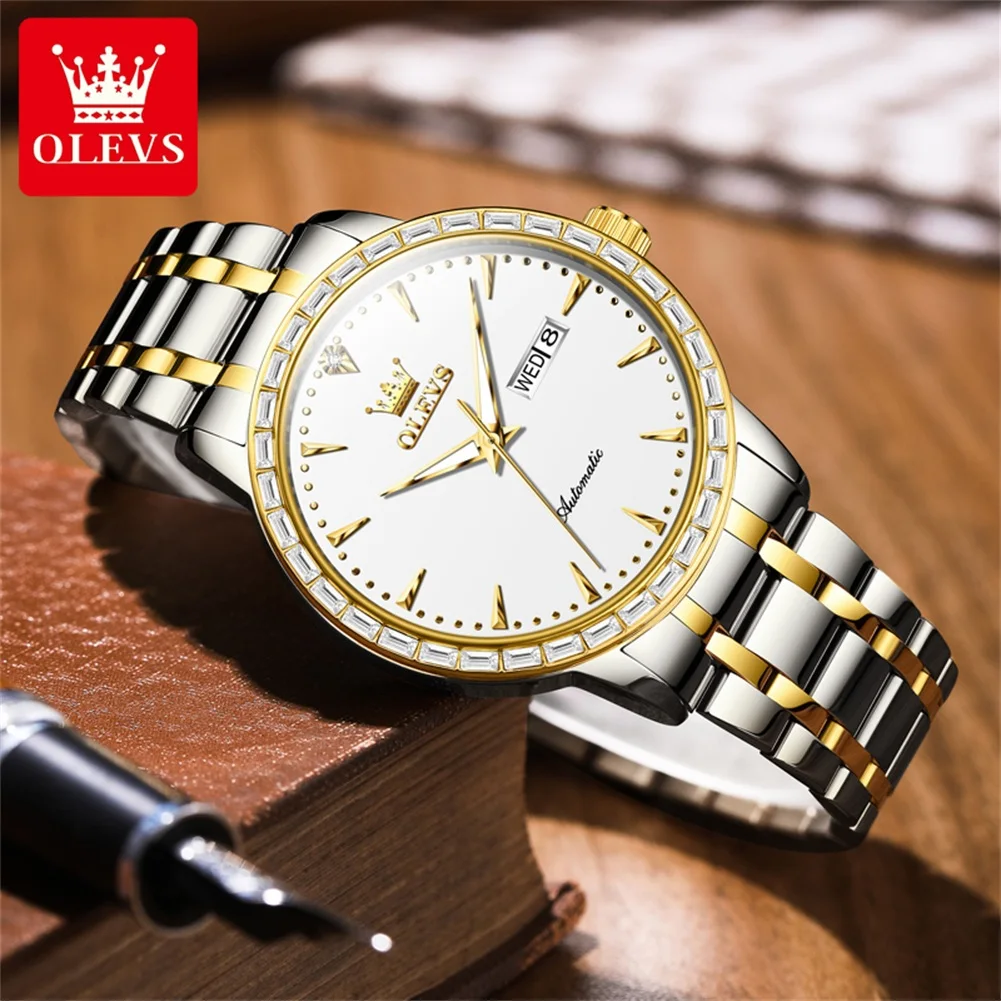 OLEVS 7019 New Dual Calendar Automatic Watch For Men Top Brand Waterproof Mechanical Wrist Watches Auto Date Business Hand Clock