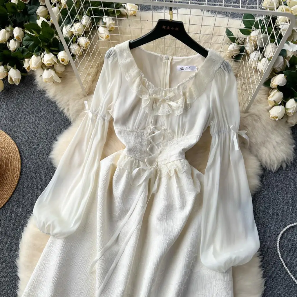 Autumn Elegant Wedding Princess Party Dress Women Korean Jacquard Fairy Vintage Lace-up Lantern Sleeve Dresses Vestidos